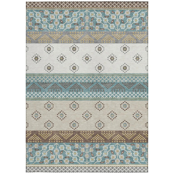 5' X 8' Teal Blue And Beige Striped Washable Indoor Outdoor Area Rug Homeroots Outdoor