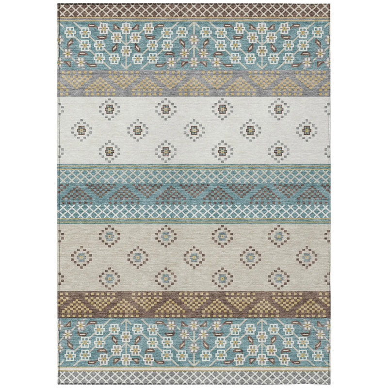 5' X 8' Teal Blue And Beige Striped Washable Indoor Outdoor Area Rug Homeroots Outdoor