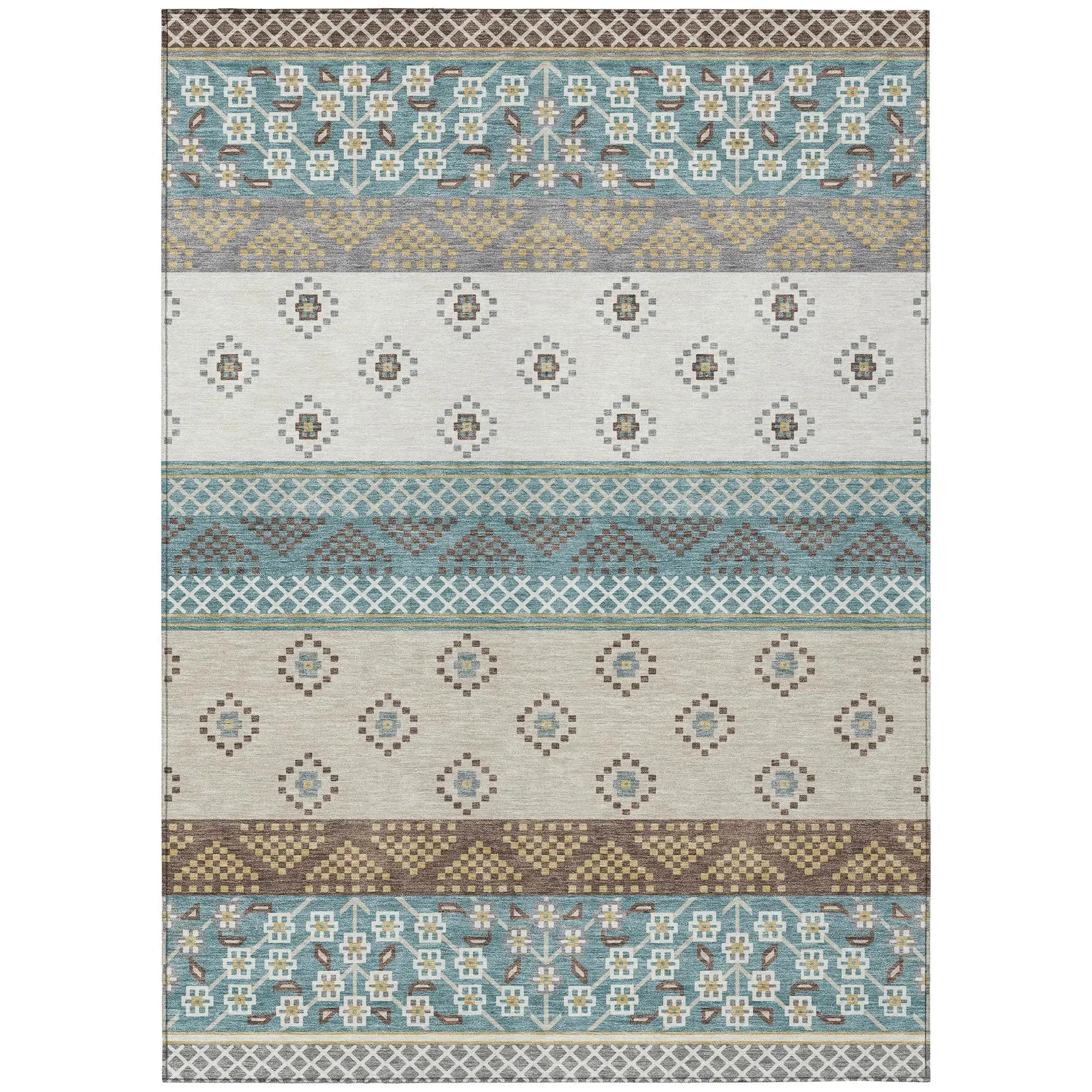 5' X 8' Teal Blue And Beige Striped Washable Indoor Outdoor Area Rug Homeroots Outdoor