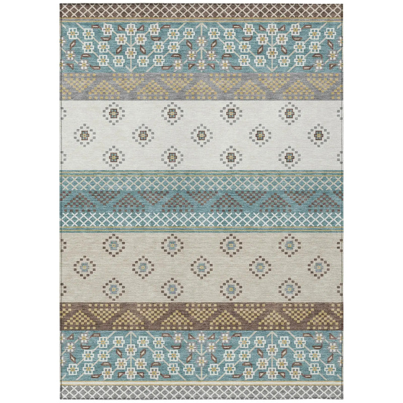 5' X 8' Teal Blue And Beige Striped Washable Indoor Outdoor Area Rug Homeroots Outdoor
