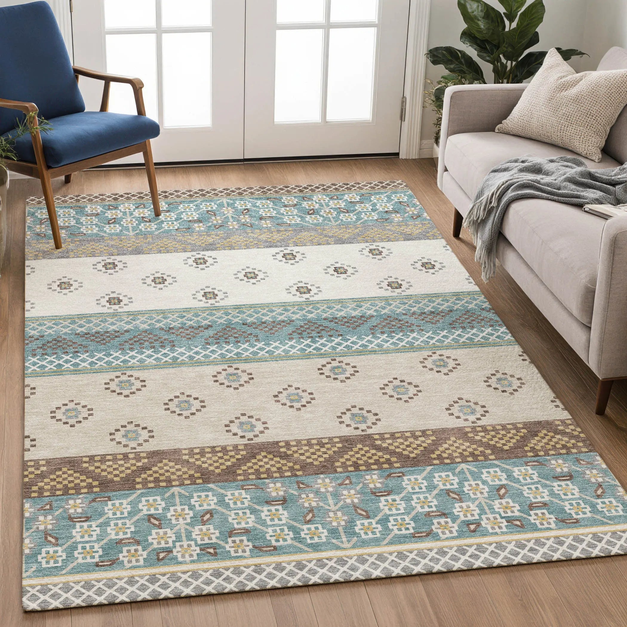 5' X 8' Teal Blue And Beige Striped Washable Indoor Outdoor Area Rug Homeroots Outdoor