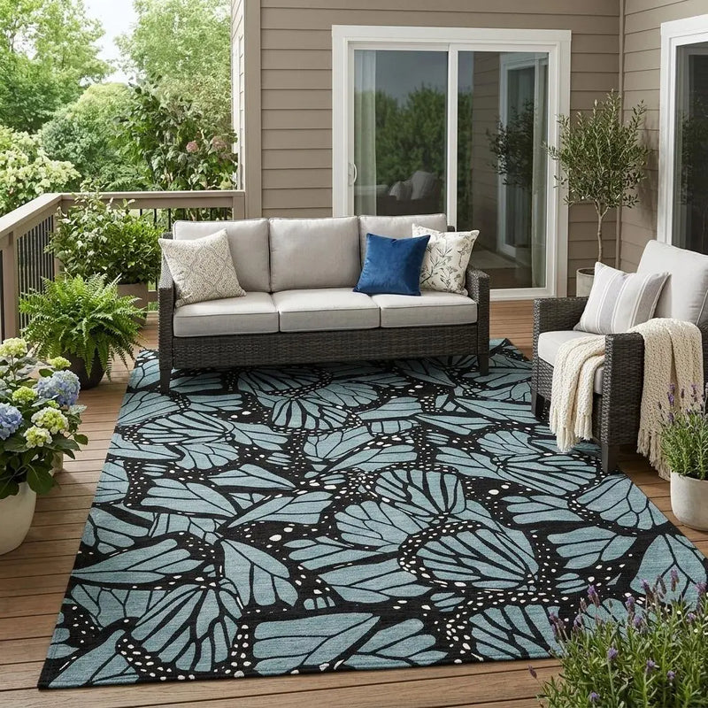 5' X 8' Teal Blue And Black Animal Print Washable Indoor Outdoor Area Rug Homeroots Outdoor