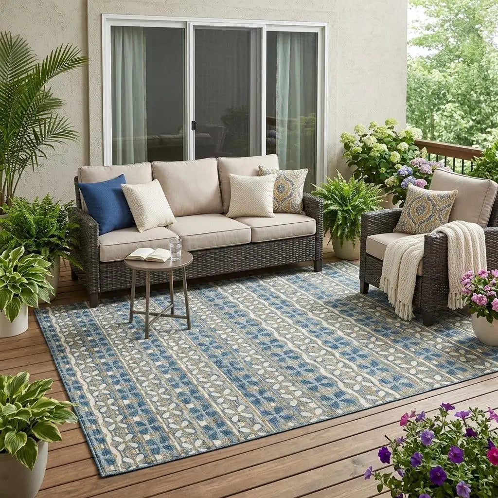 5' X 8' Teal Blue And Black Striped Washable Indoor Outdoor Area Rug Homeroots Outdoor