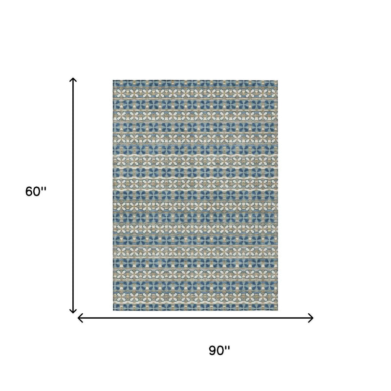 5' X 8' Teal Blue And Black Striped Washable Indoor Outdoor Area Rug Homeroots Outdoor