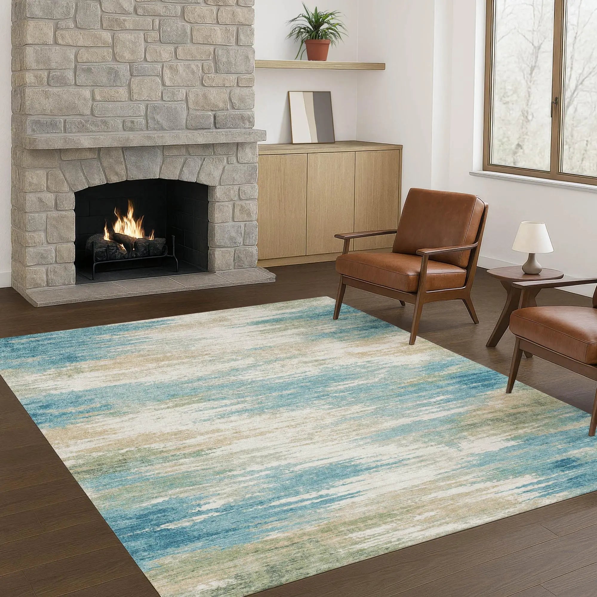 5' X 8' Teal Blue And Blue Abstract Washable Indoor Outdoor Area Rug Homeroots Outdoor