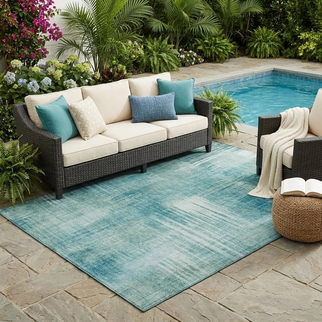 5' X 8' Teal Blue And Blue Abstract Washable Indoor Outdoor Area Rug Homeroots Outdoor