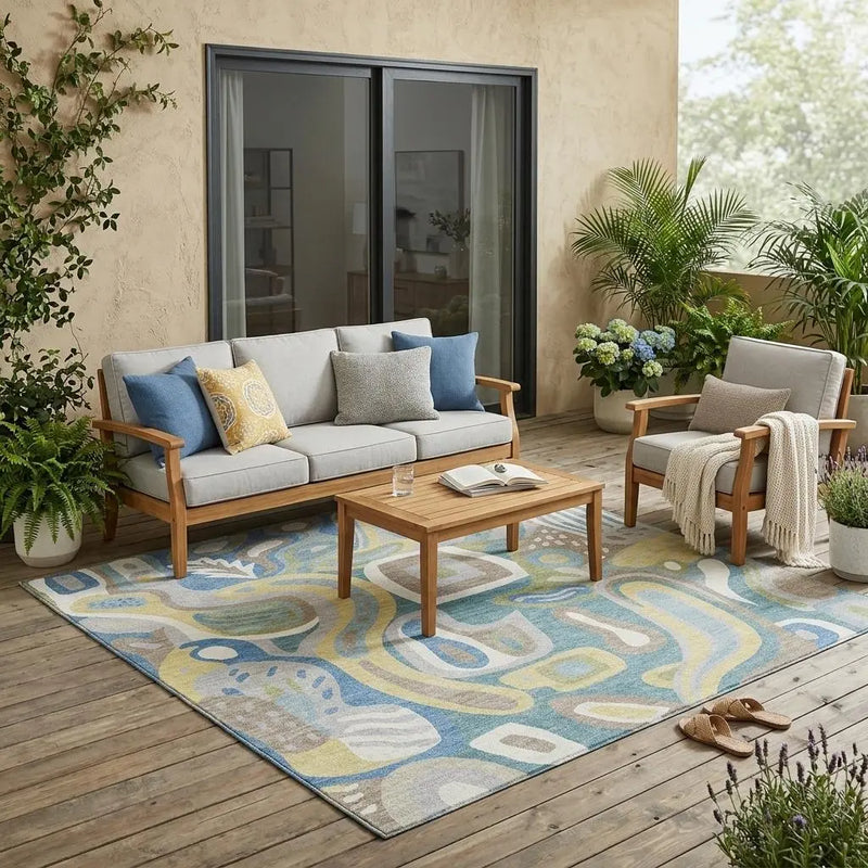 5' X 8' Teal Blue And Blue Abstract Washable Indoor Outdoor Area Rug Homeroots Outdoor