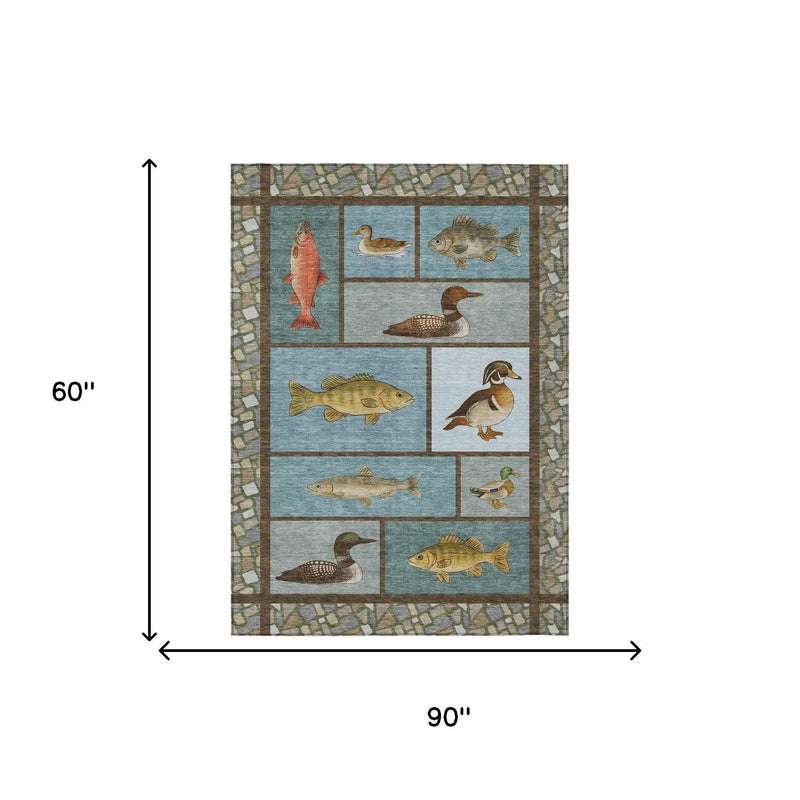 5' X 8' Teal Blue And Blue Floral Medallion Washable Indoor Outdoor Area Rug Homeroots Outdoor