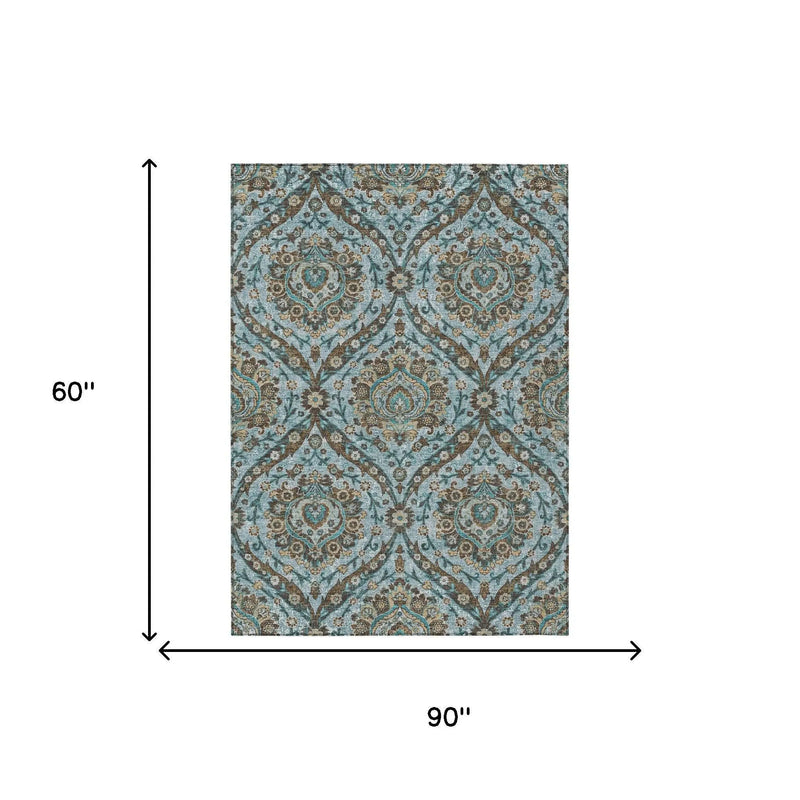 5' X 8' Teal Blue And Blue Floral Washable Indoor Outdoor Area Rug Homeroots Outdoor