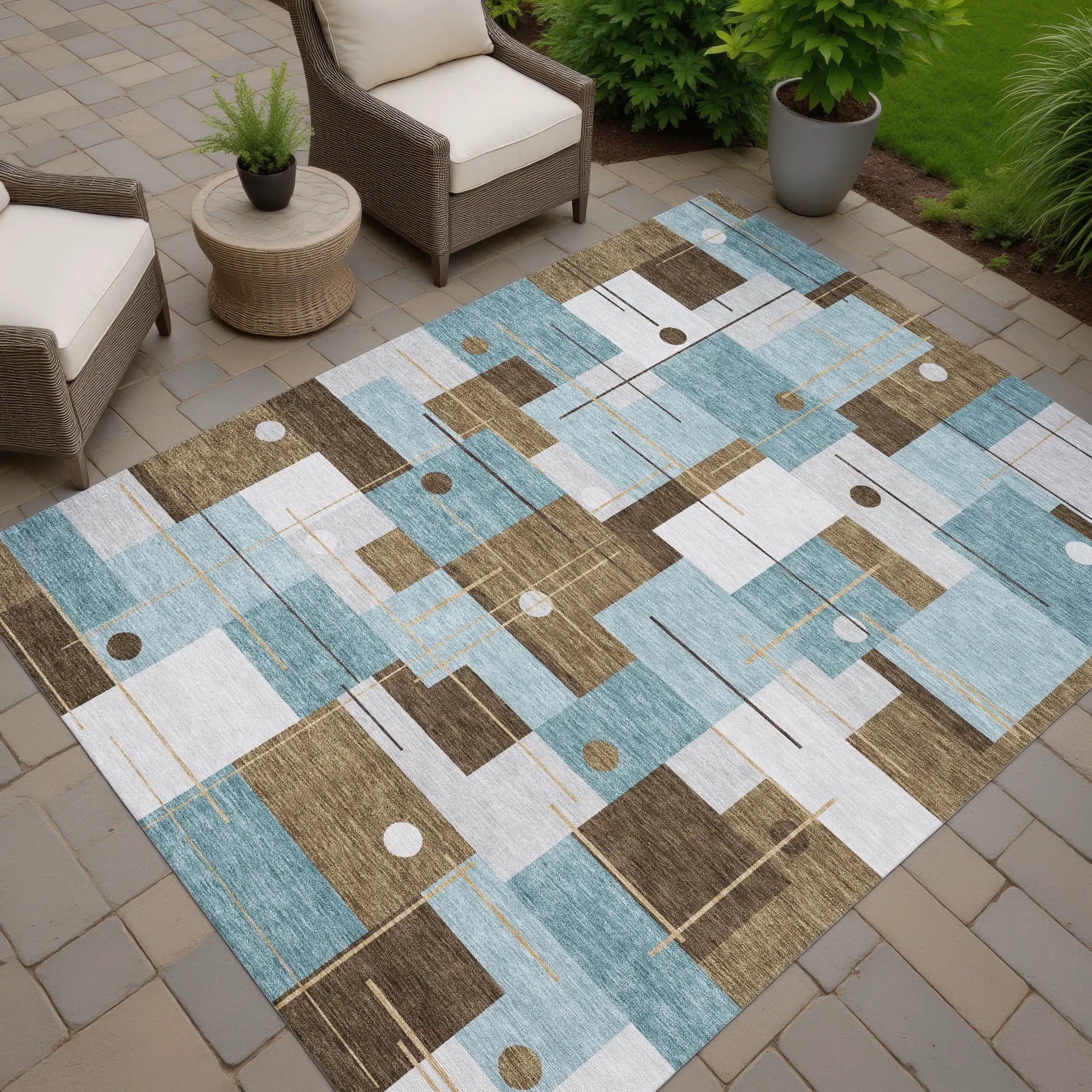 5' X 8' Teal Blue And Blue Geometric Washable Indoor Outdoor Area Rug Homeroots Outdoor