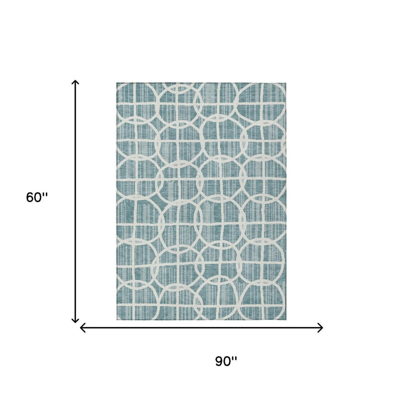 5' X 8' Teal Blue And Blue Geometric Washable Indoor Outdoor Area Rug Homeroots Outdoor