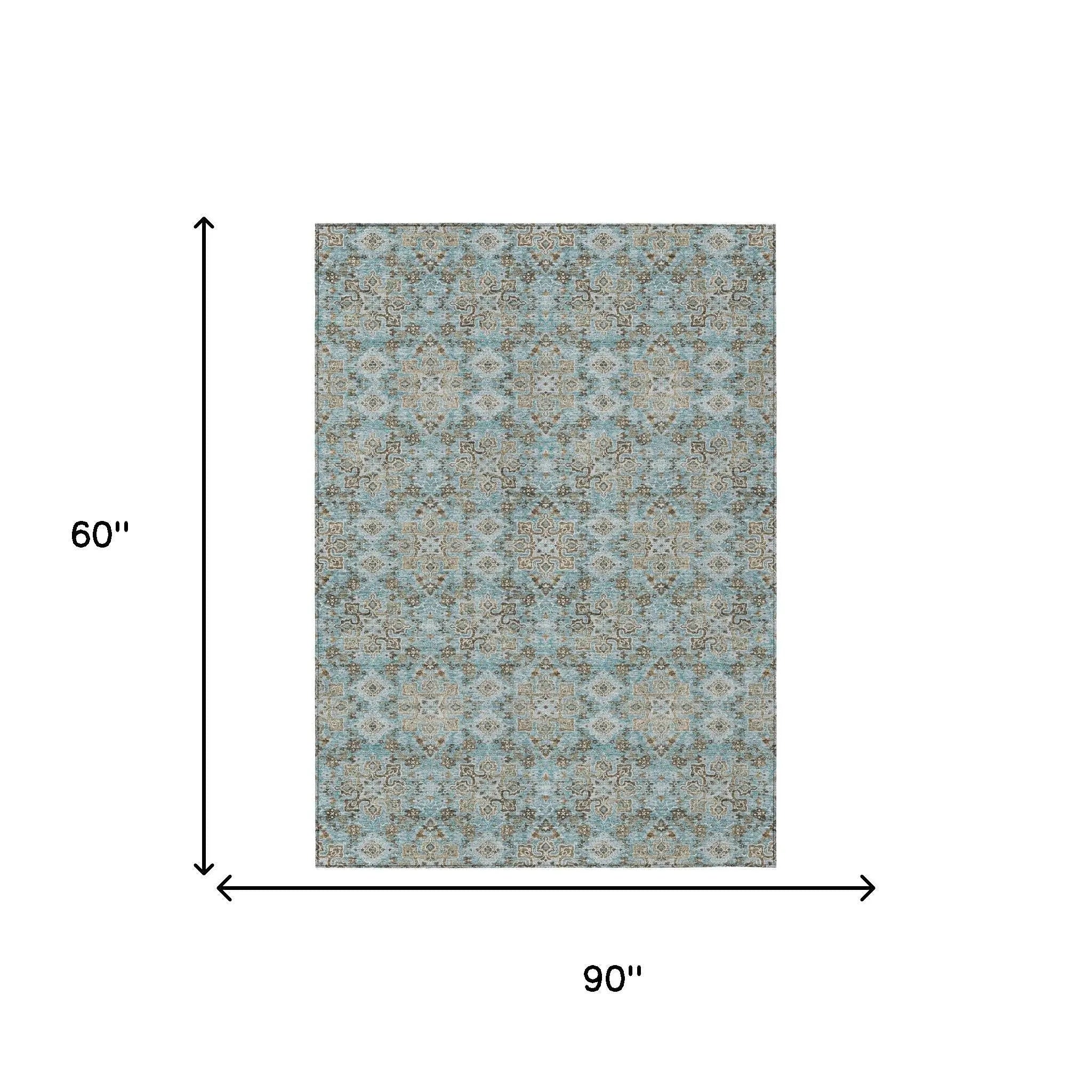 5' X 8' Teal Blue And Blue Oriental Washable Indoor Outdoor Area Rug Homeroots Outdoor