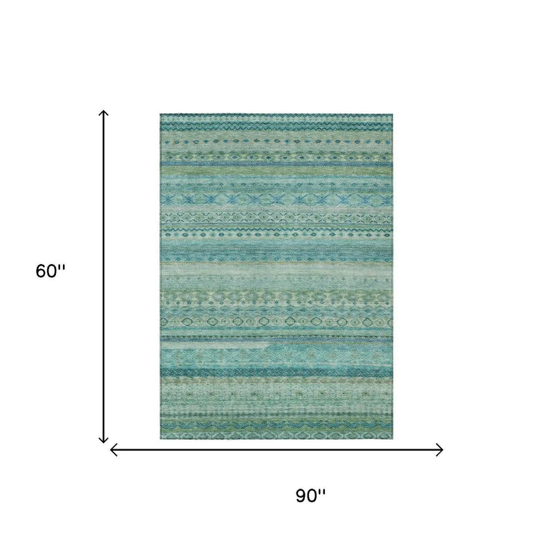 5' X 8' Teal Blue And Blue Striped Washable Indoor Outdoor Area Rug Homeroots Outdoor