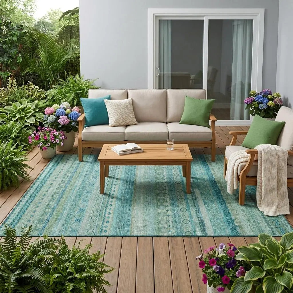 5' X 8' Teal Blue And Blue Striped Washable Indoor Outdoor Area Rug Homeroots Outdoor