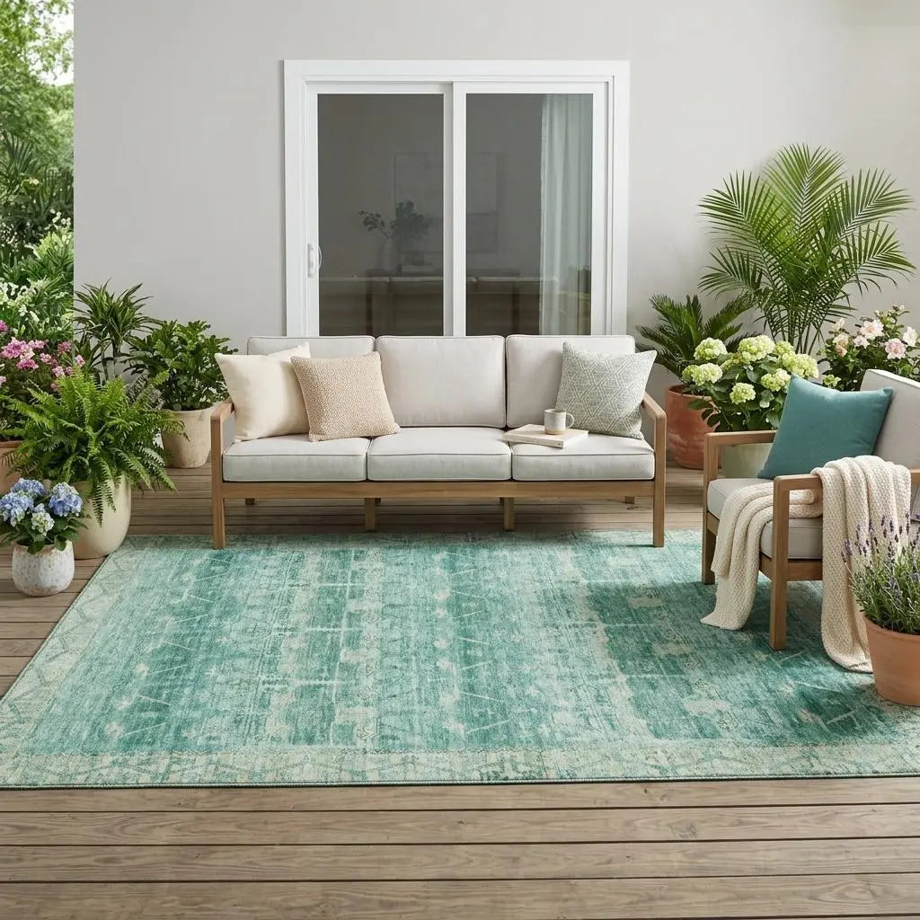 5' X 8' Teal Blue And Blue Tribal Washable Indoor Outdoor Area Rug Homeroots Outdoor