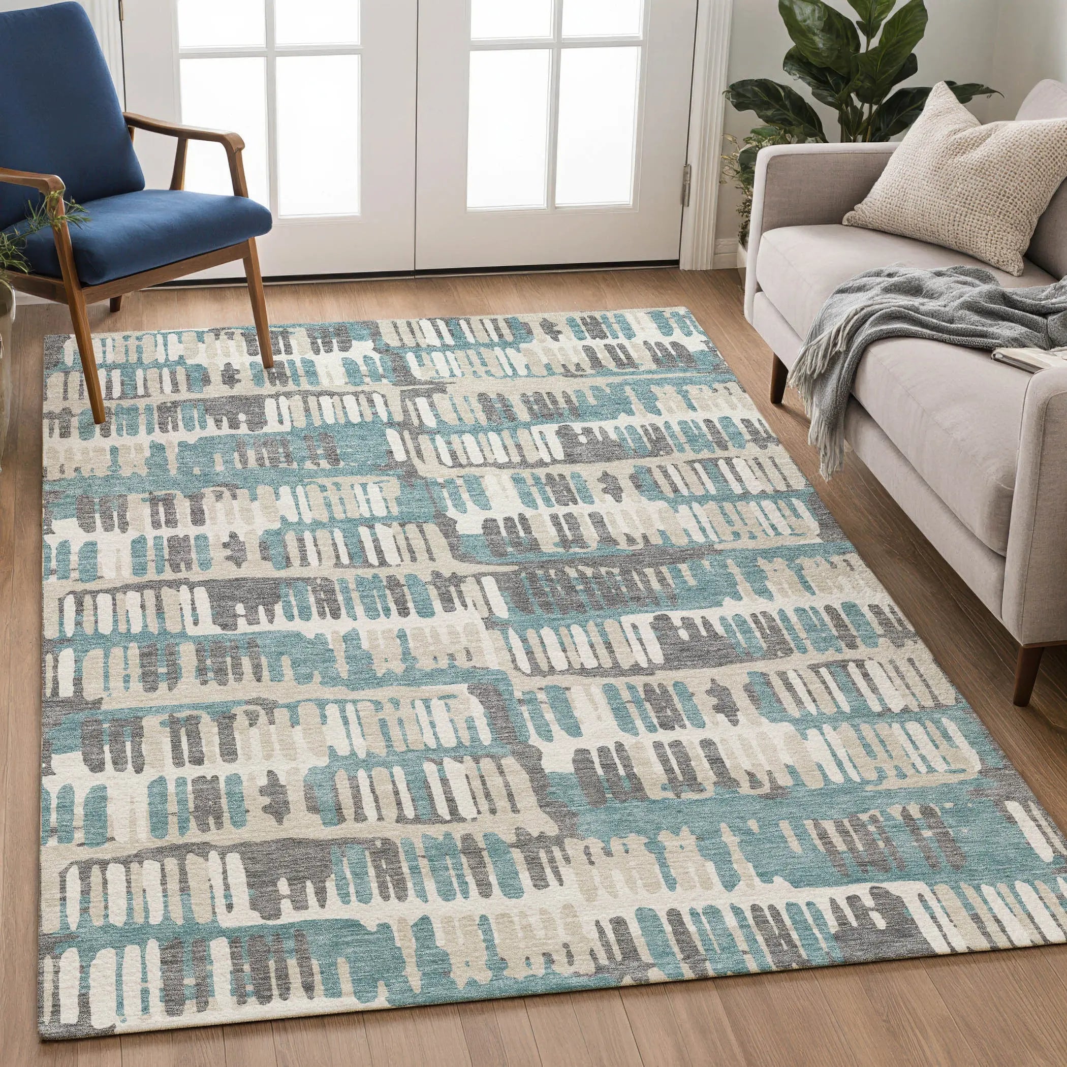 5' X 8' Teal Blue And Brown Abstract Washable Indoor Outdoor Area Rug Homeroots Outdoor