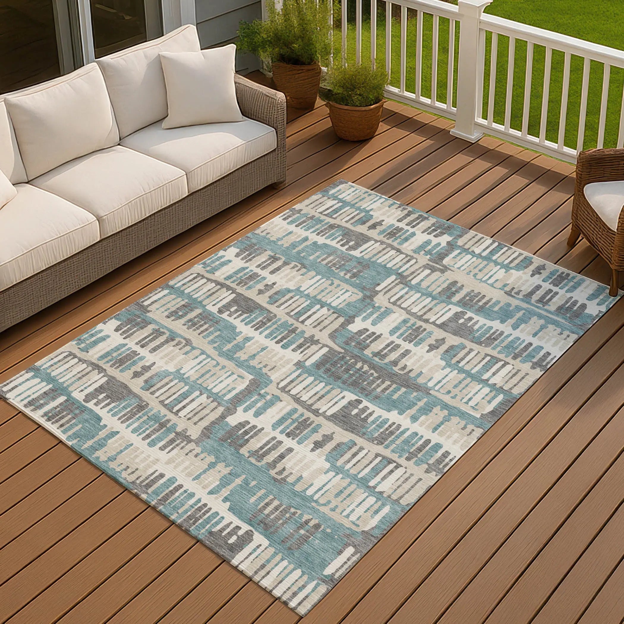 5' X 8' Teal Blue And Brown Abstract Washable Indoor Outdoor Area Rug Homeroots Outdoor