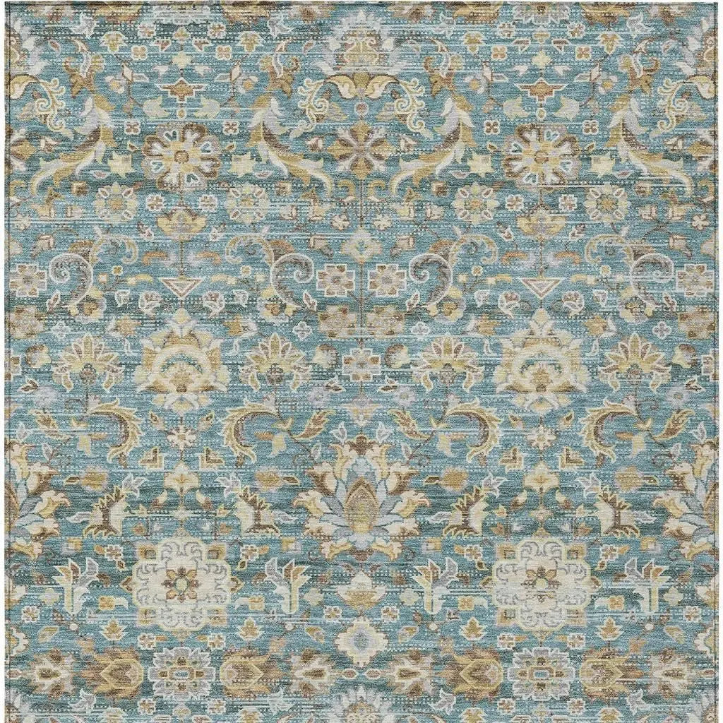 5' X 8' Teal Blue And Brown Floral Medallion Washable Indoor Outdoor Area Rug Homeroots Outdoor