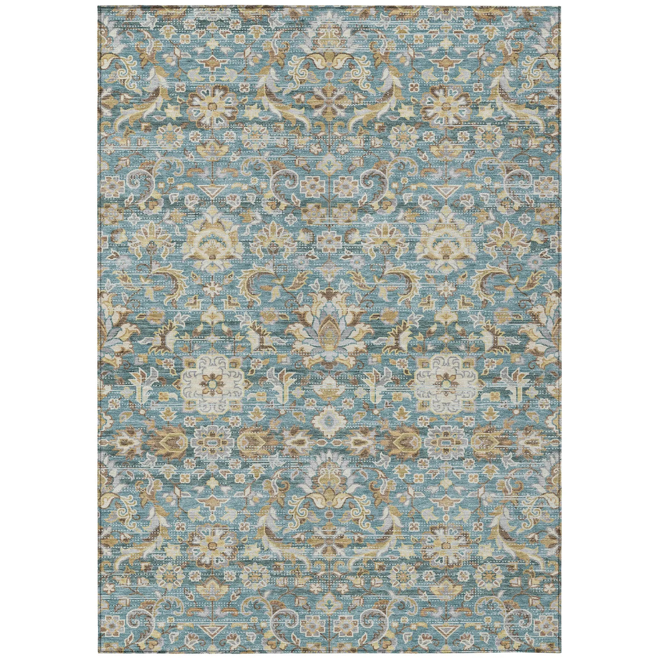 5' X 8' Teal Blue And Brown Floral Medallion Washable Indoor Outdoor Area Rug Homeroots Outdoor