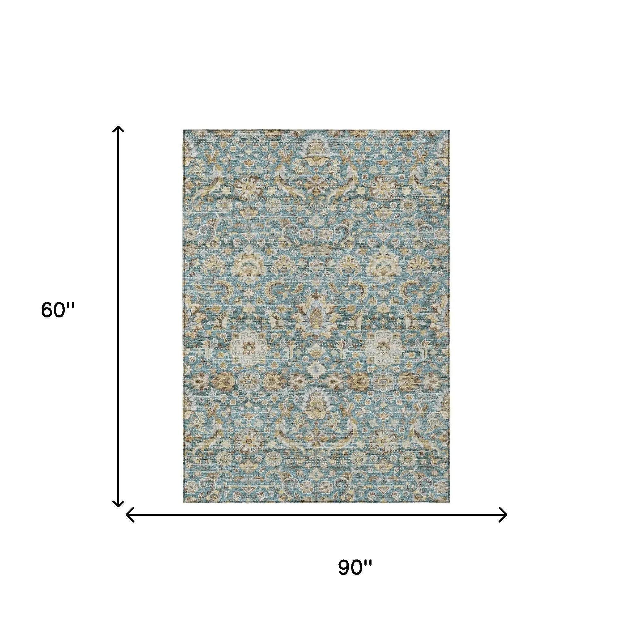 5' X 8' Teal Blue And Brown Floral Medallion Washable Indoor Outdoor Area Rug Homeroots Outdoor