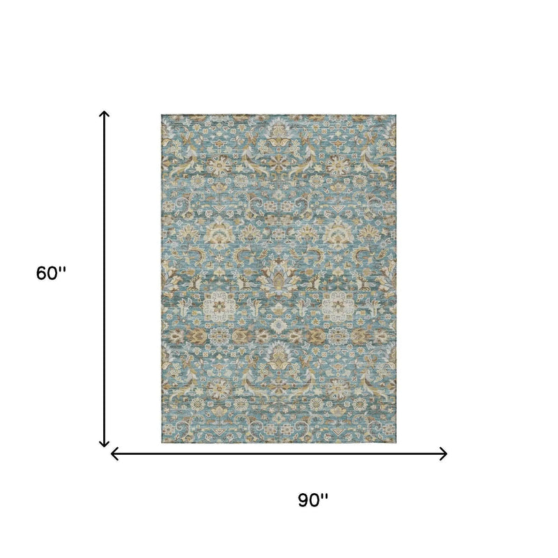 5' X 8' Teal Blue And Brown Floral Medallion Washable Indoor Outdoor Area Rug Homeroots Outdoor