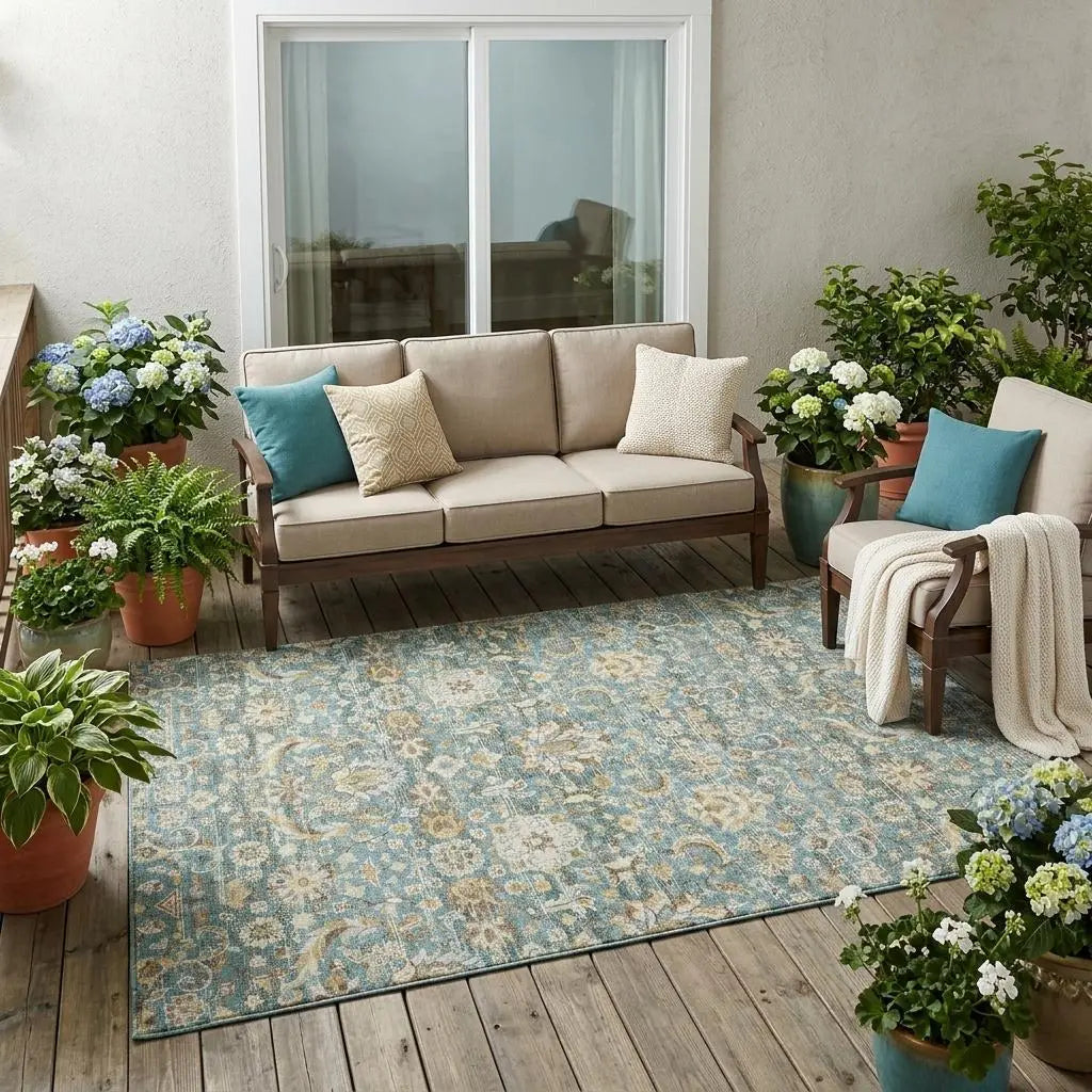 5' X 8' Teal Blue And Brown Floral Medallion Washable Indoor Outdoor Area Rug Homeroots Outdoor