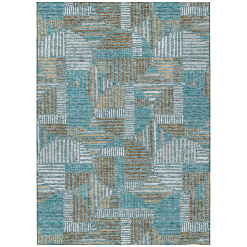 5' X 8' Teal Blue And Brown Geometric Washable Indoor Outdoor Area Rug Homeroots Outdoor