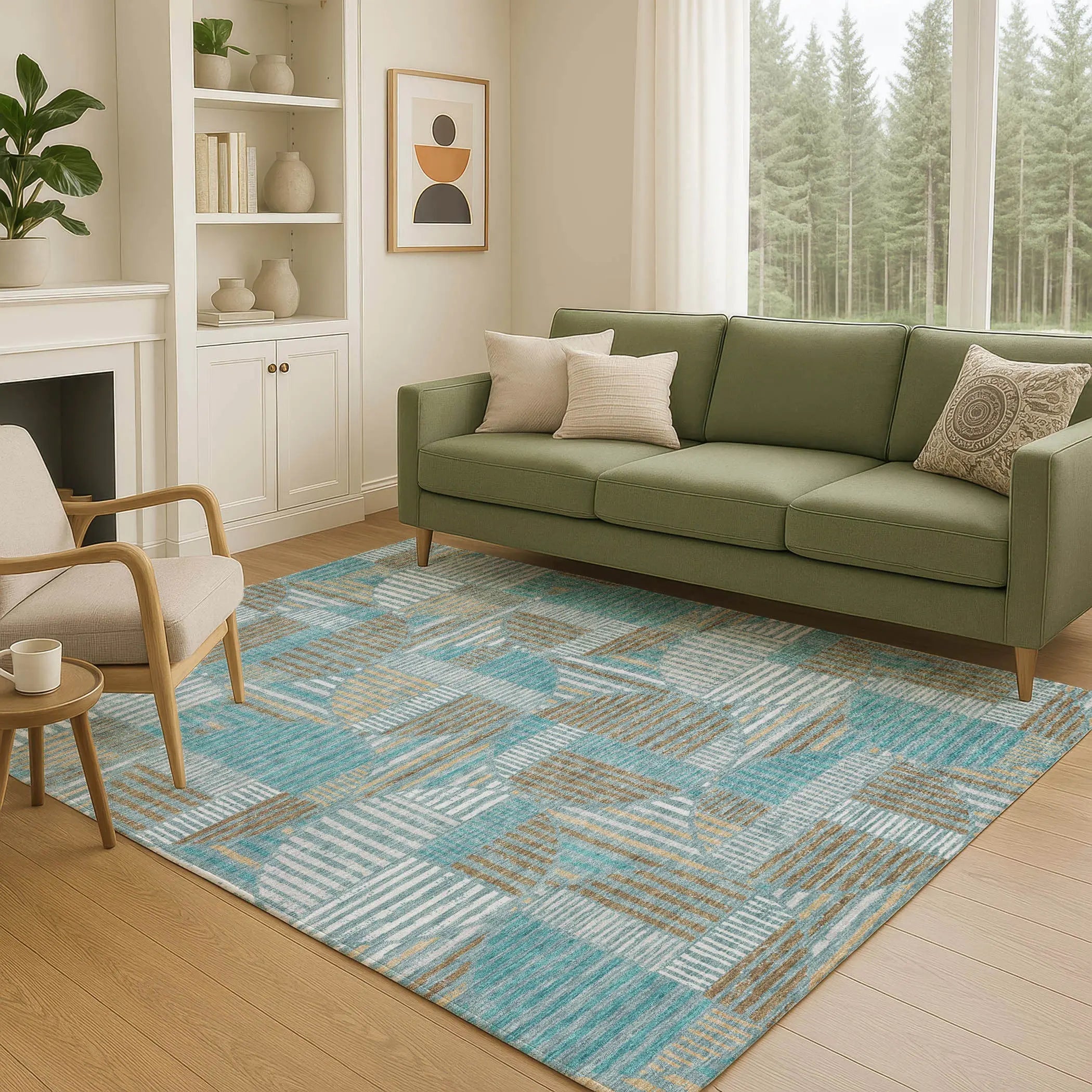 5' X 8' Teal Blue And Brown Geometric Washable Indoor Outdoor Area Rug Homeroots Outdoor