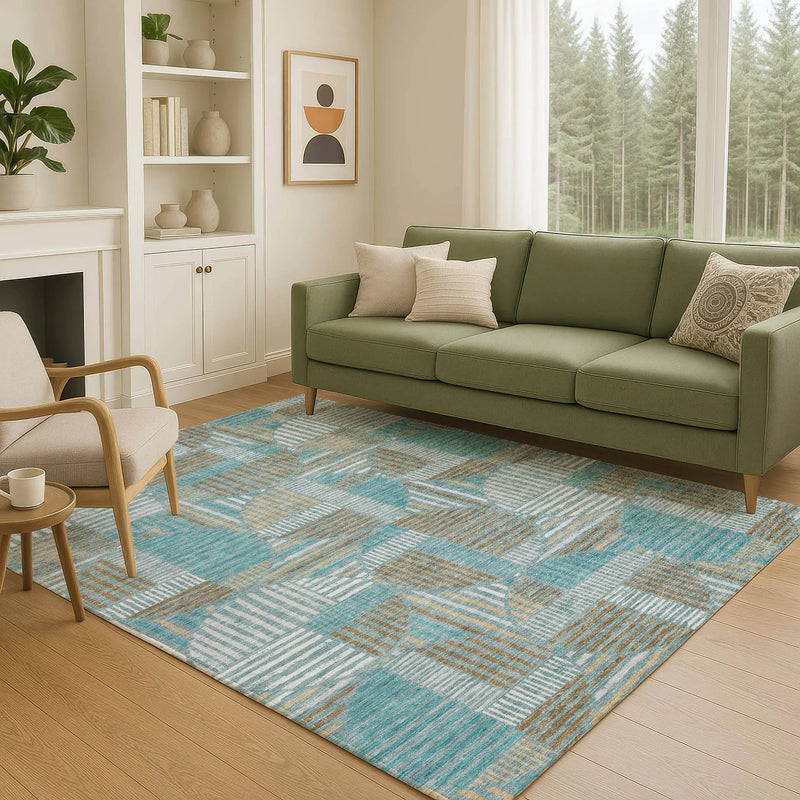 5' X 8' Teal Blue And Brown Geometric Washable Indoor Outdoor Area Rug Homeroots Outdoor