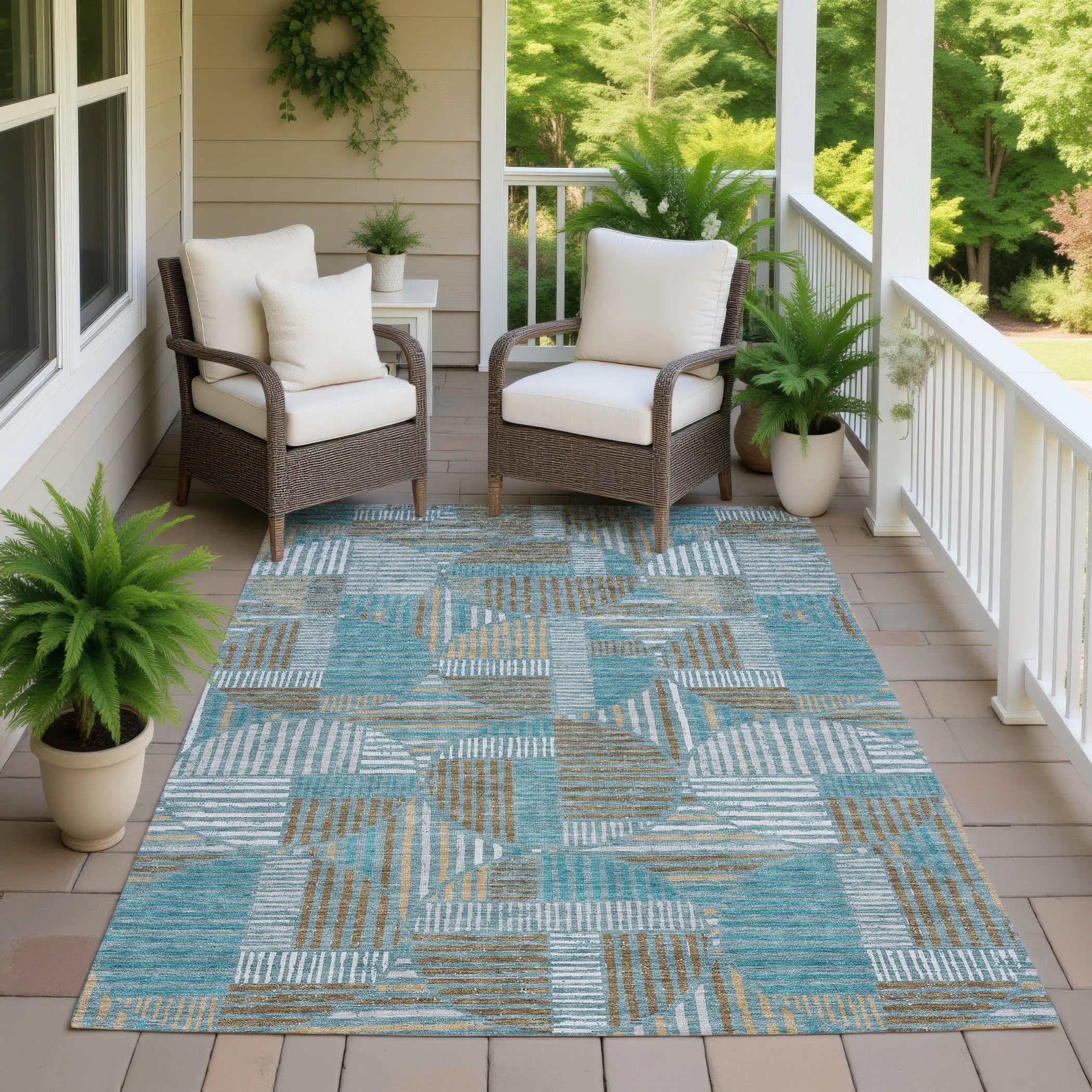 5' X 8' Teal Blue And Brown Geometric Washable Indoor Outdoor Area Rug Homeroots Outdoor