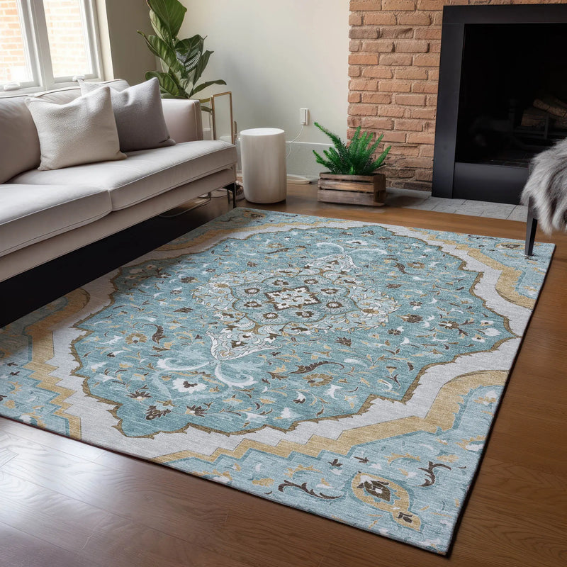 5' X 8' Teal Blue And Brown Medallion Washable Indoor Outdoor Area Rug Homeroots Outdoor