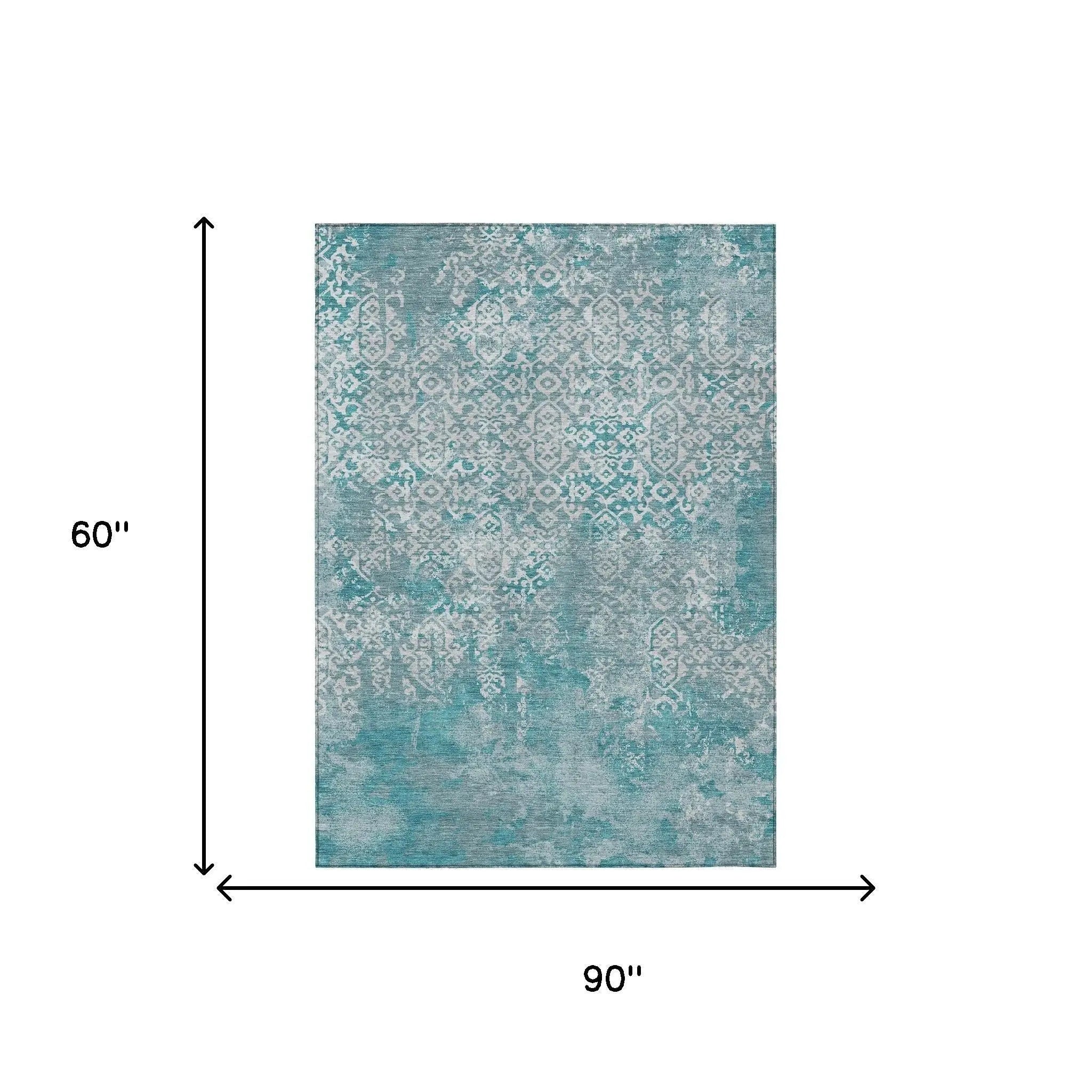 5' X 8' Teal Blue And Brown Oriental Washable Indoor Outdoor Area Rug Homeroots Outdoor
