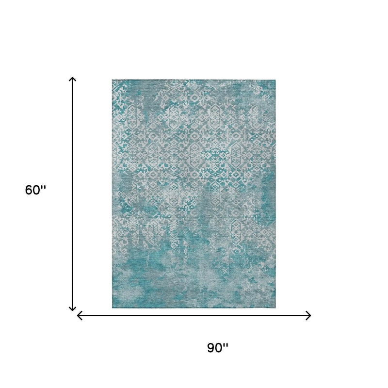5' X 8' Teal Blue And Brown Oriental Washable Indoor Outdoor Area Rug Homeroots Outdoor
