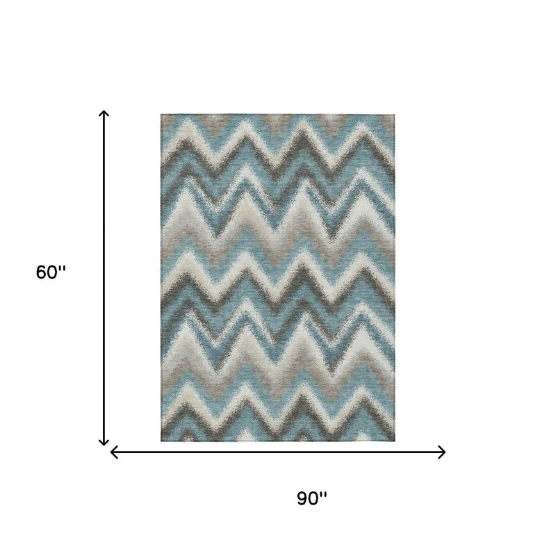 5' X 8' Teal Blue And Charcoal Geometric Washable Indoor Outdoor Area Rug Homeroots Outdoor