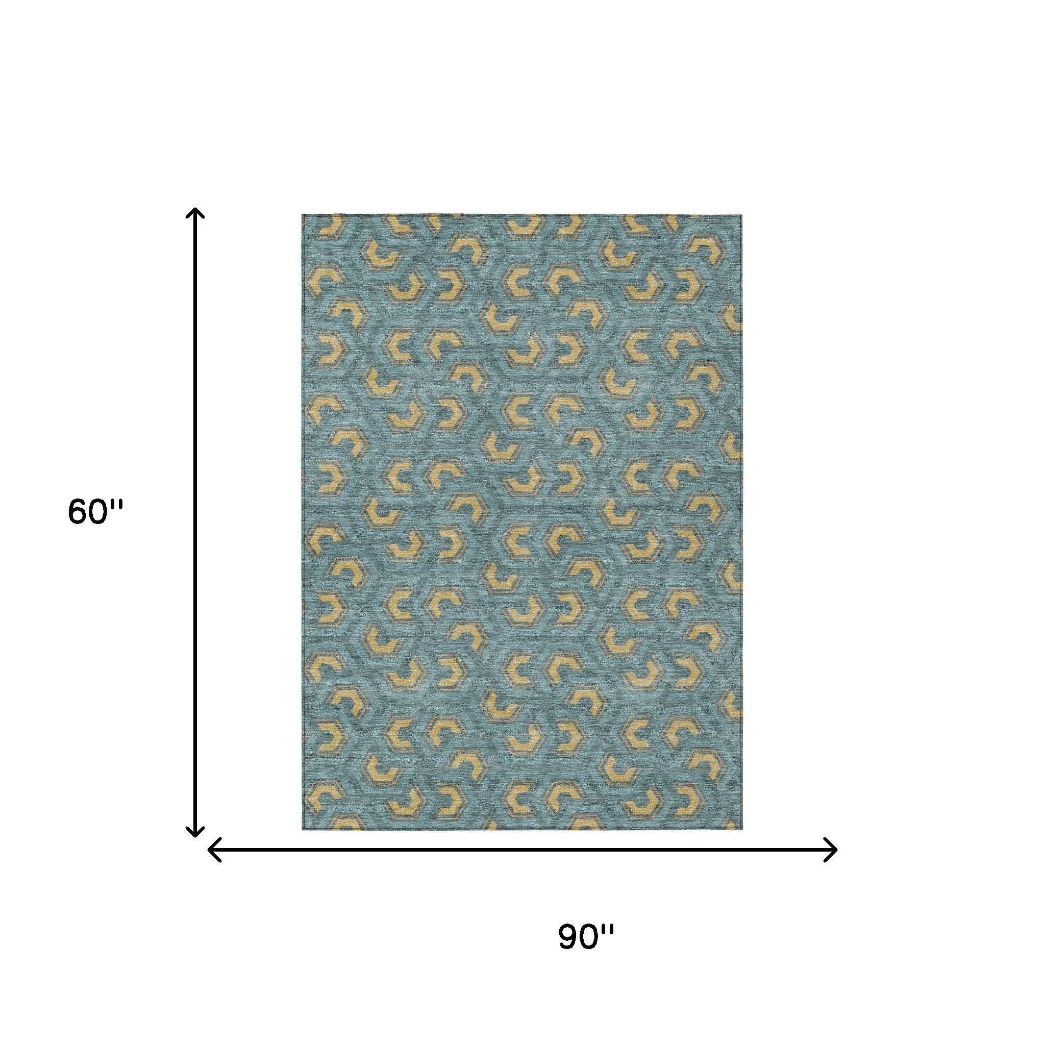 5' X 8' Teal Blue And Copper Geometric Washable Indoor Outdoor Area Rug Homeroots Outdoor