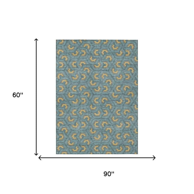 5' X 8' Teal Blue And Copper Geometric Washable Indoor Outdoor Area Rug Homeroots Outdoor