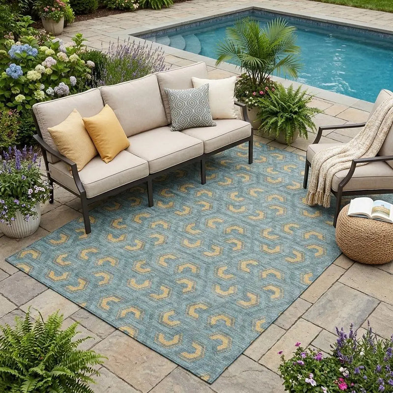 5' X 8' Teal Blue And Copper Geometric Washable Indoor Outdoor Area Rug Homeroots Outdoor
