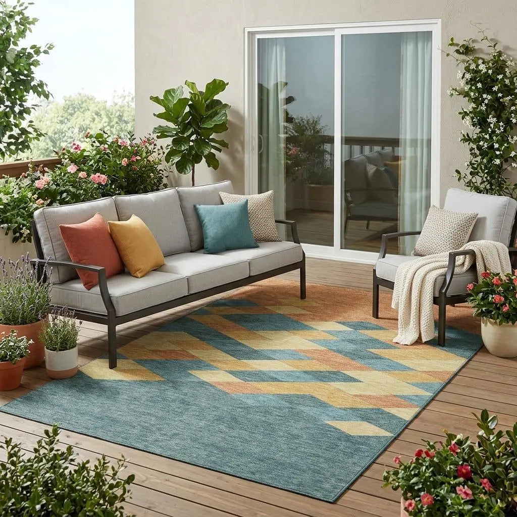 5' X 8' Teal Blue And Copper Geometric Washable Indoor Outdoor Area Rug Homeroots Outdoor