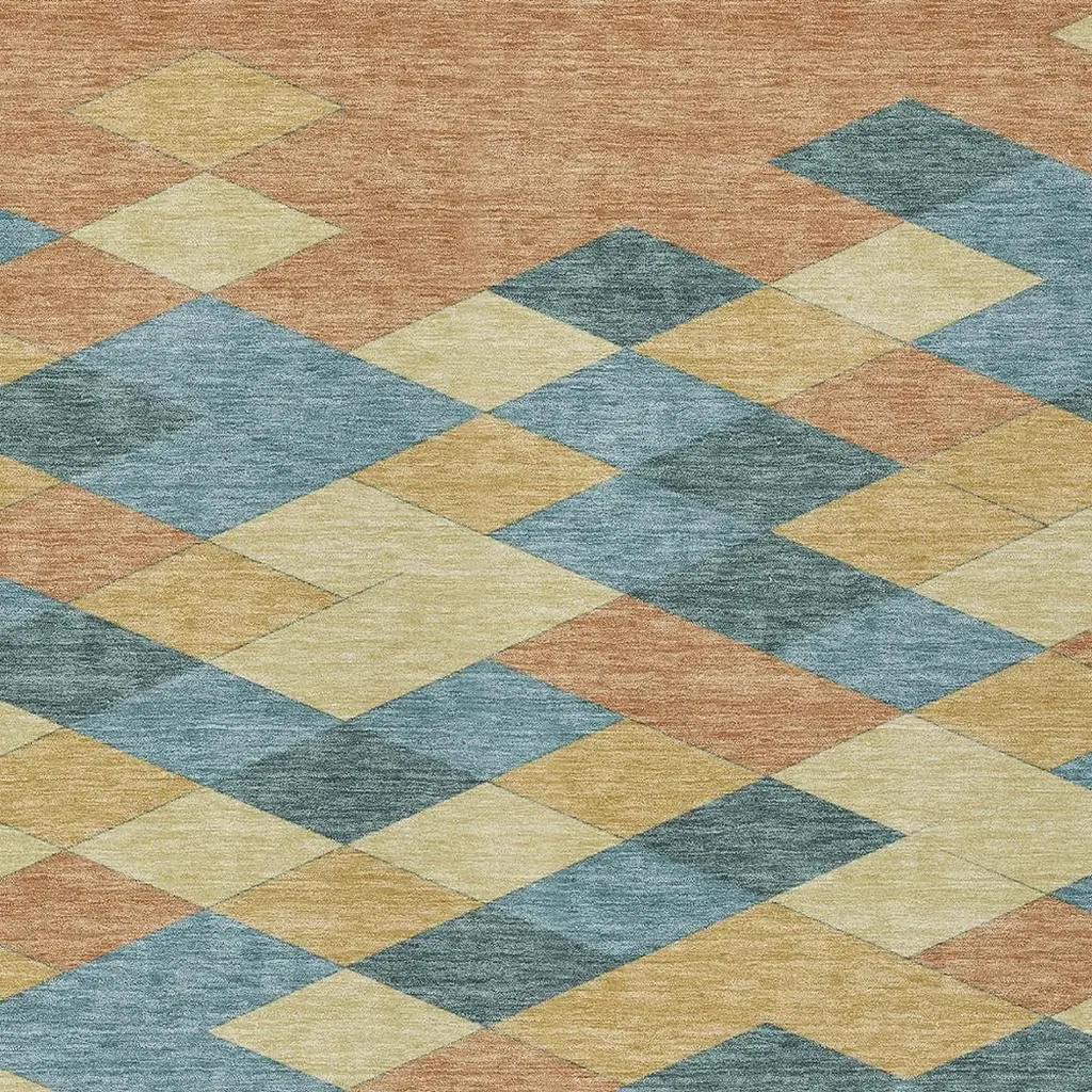 5' X 8' Teal Blue And Copper Geometric Washable Indoor Outdoor Area Rug Homeroots Outdoor