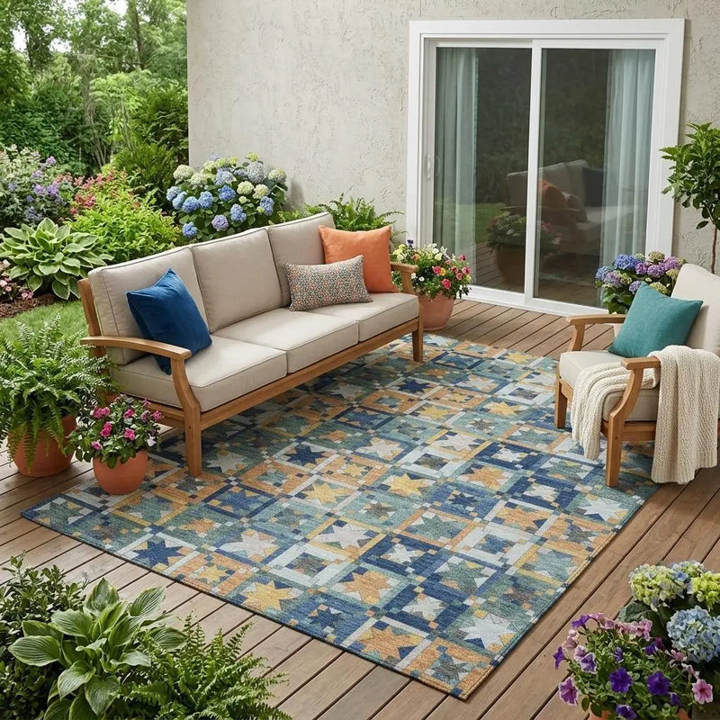 5' X 8' Teal Blue And Copper Patchwork Washable Indoor Outdoor Area Rug Homeroots Outdoor
