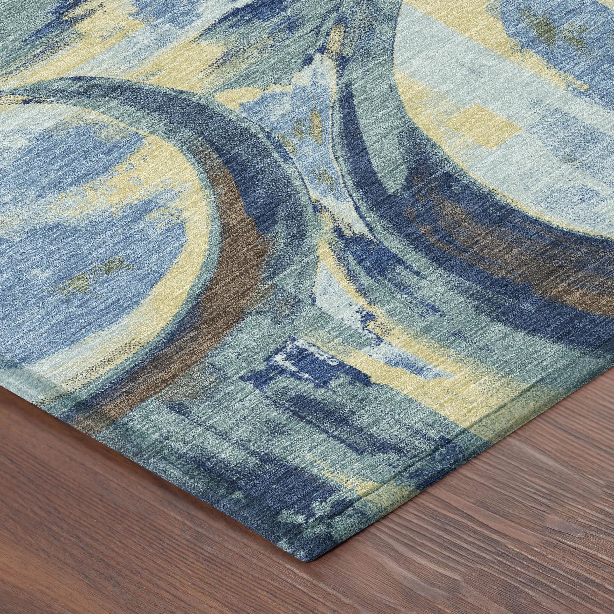 5' X 8' Teal Blue And Denim Blue Abstract Washable Indoor Outdoor Area Rug Homeroots Outdoor