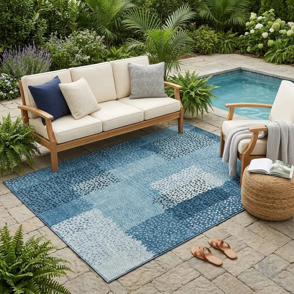 5' X 8' Teal Blue And Denim Blue Abstract Washable Indoor Outdoor Area Rug Homeroots Outdoor
