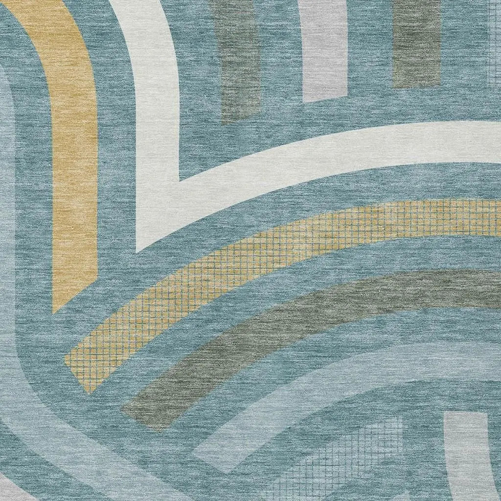 5' X 8' Teal Blue And Gold Abstract Washable Indoor Outdoor Area Rug Homeroots Outdoor