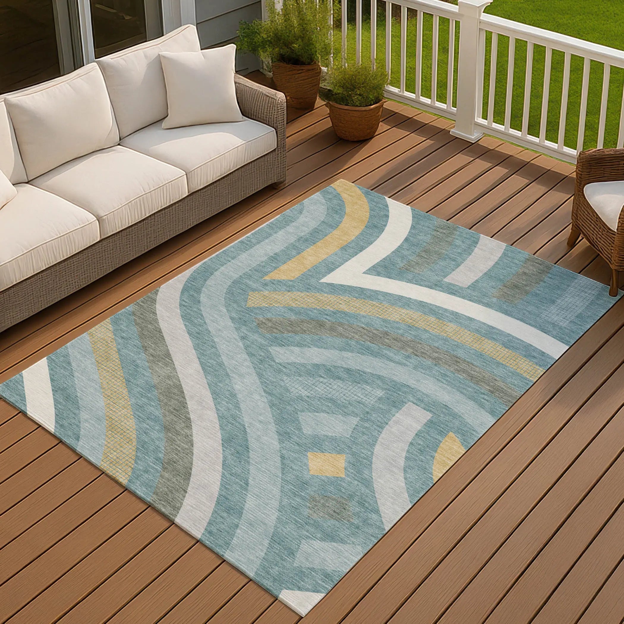 5' X 8' Teal Blue And Gold Abstract Washable Indoor Outdoor Area Rug Homeroots Outdoor