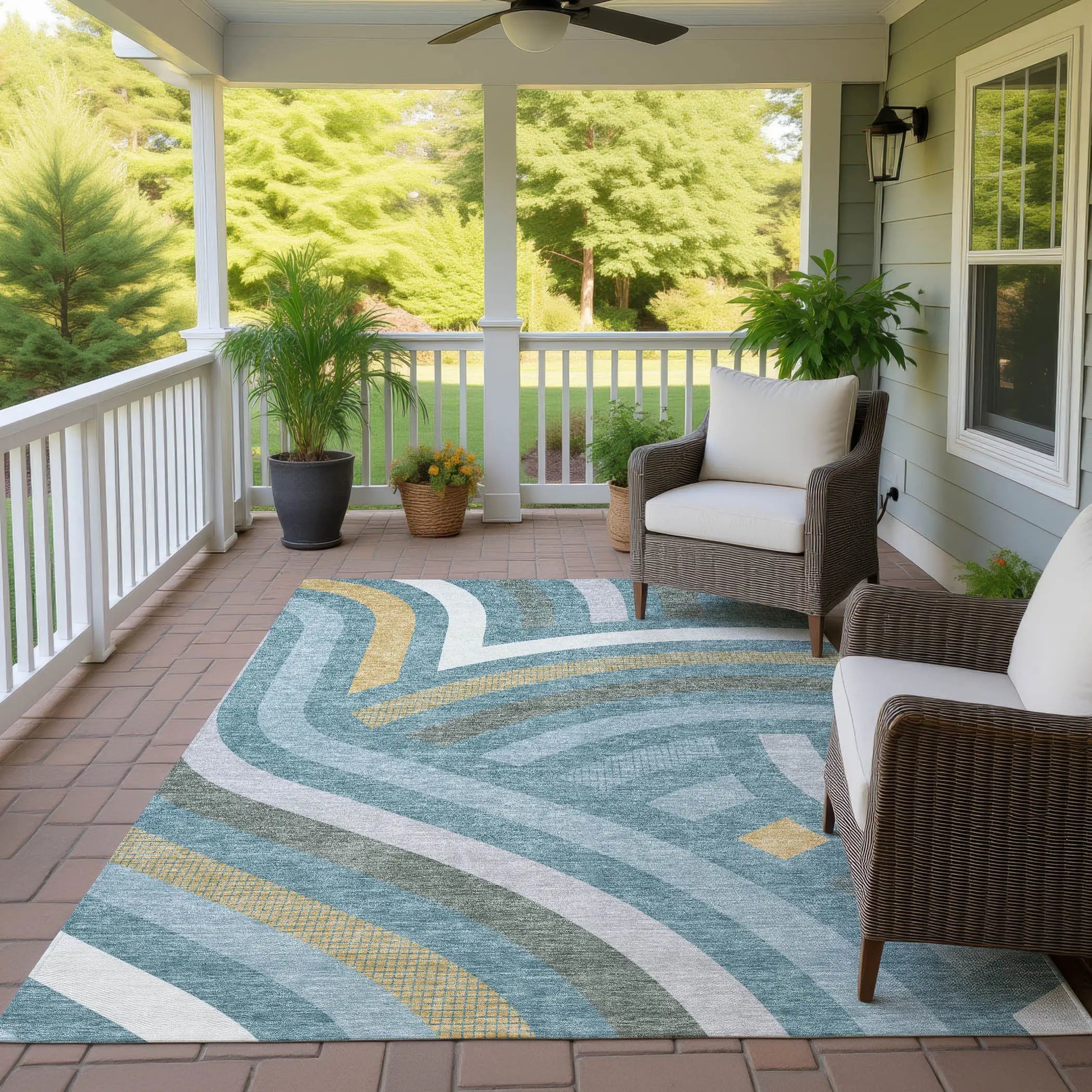 5' X 8' Teal Blue And Gold Abstract Washable Indoor Outdoor Area Rug Homeroots Outdoor