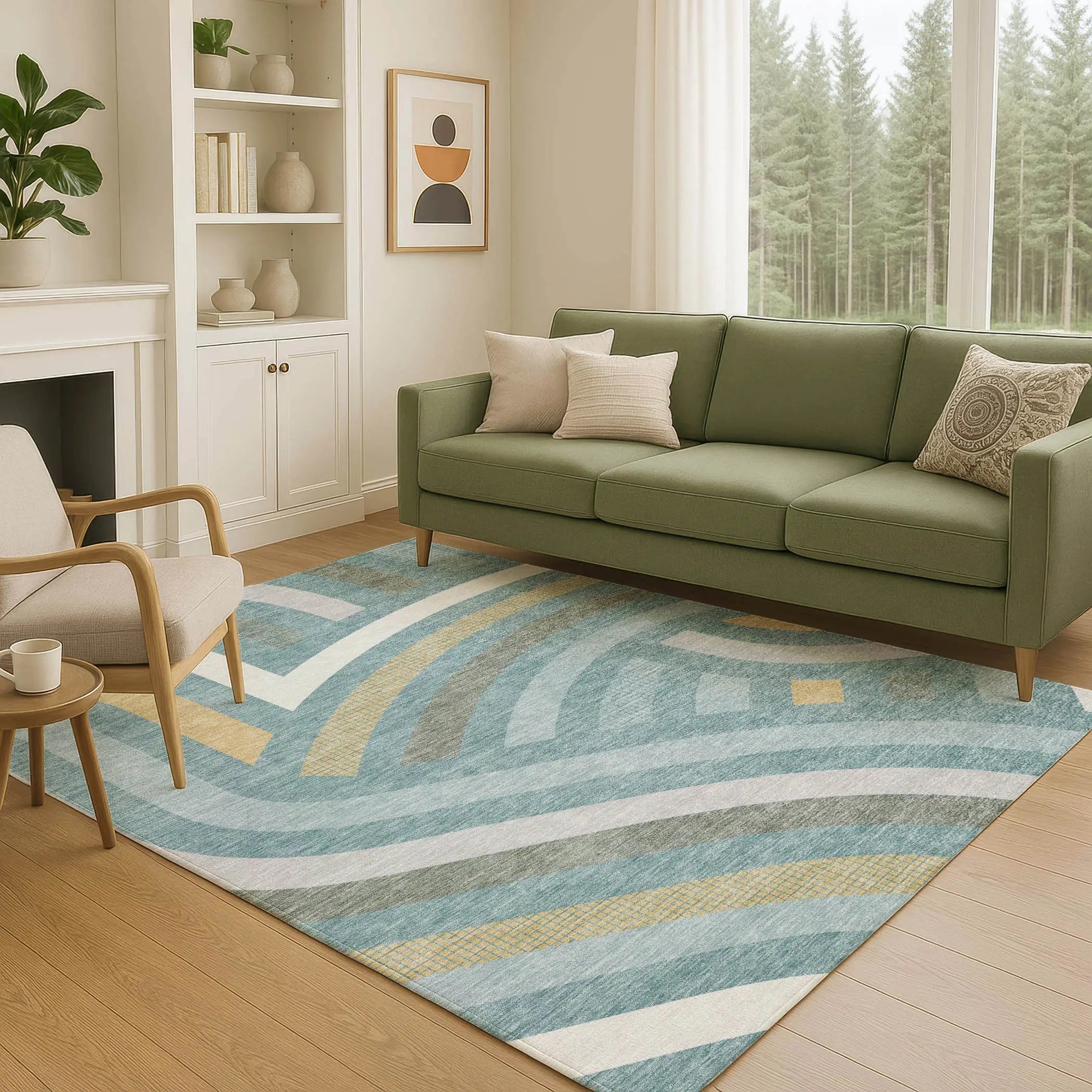 5' X 8' Teal Blue And Gold Abstract Washable Indoor Outdoor Area Rug Homeroots Outdoor