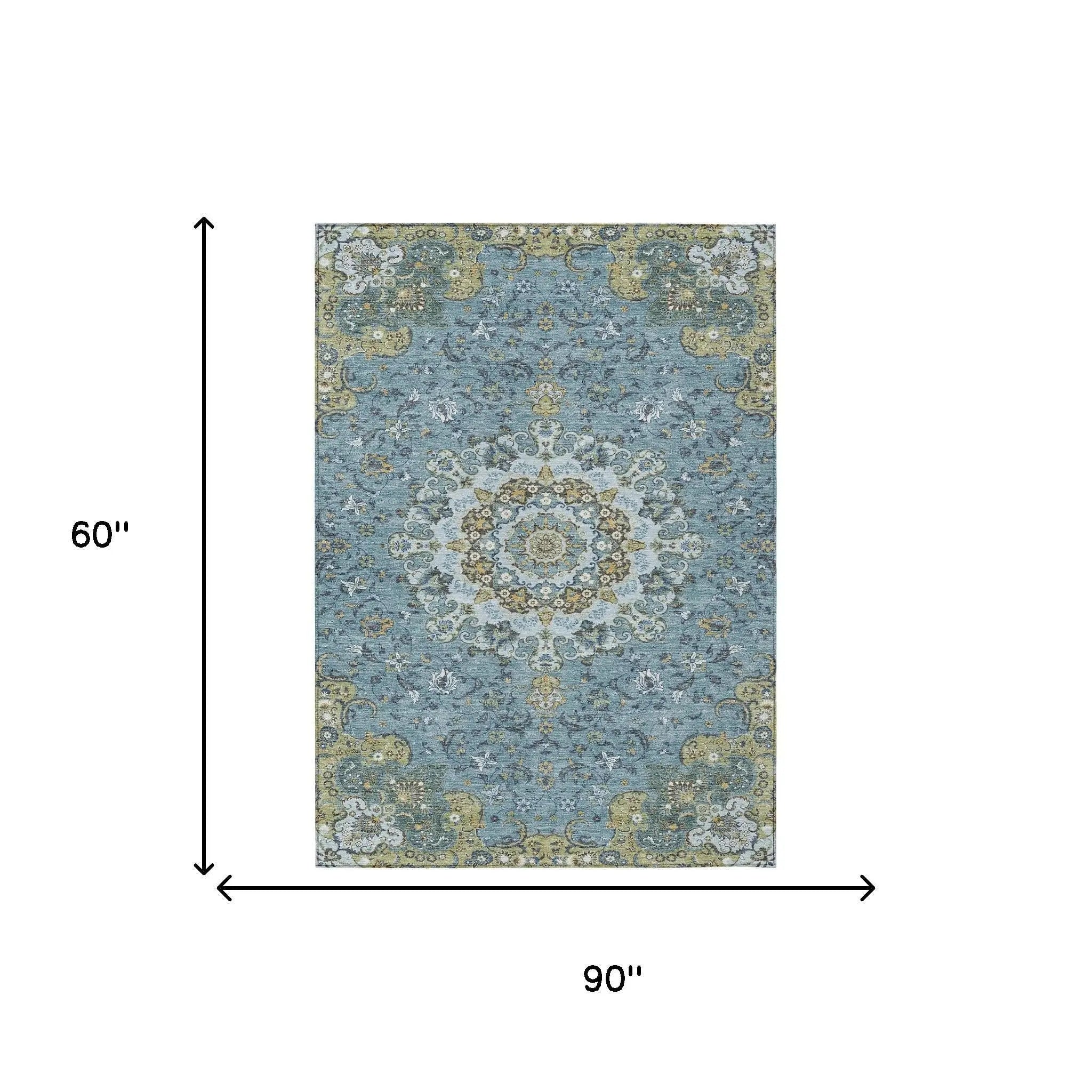 5' X 8' Teal Blue And Gold Floral Medallion Washable Indoor Outdoor Area Rug Homeroots Outdoor