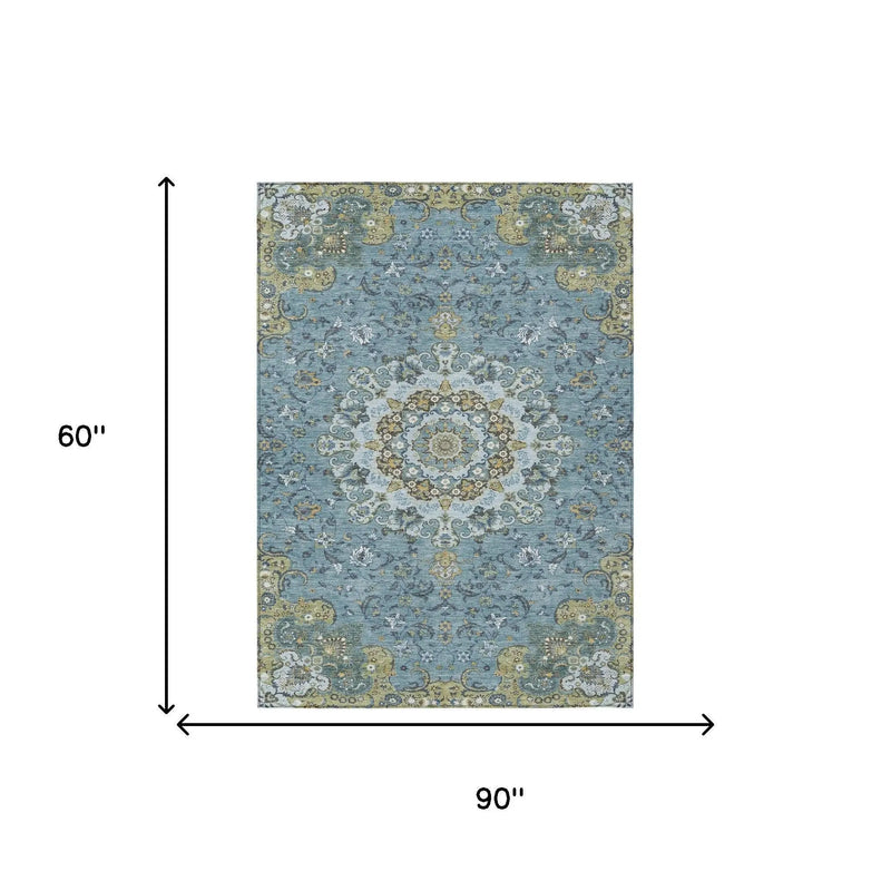 5' X 8' Teal Blue And Gold Floral Medallion Washable Indoor Outdoor Area Rug Homeroots Outdoor