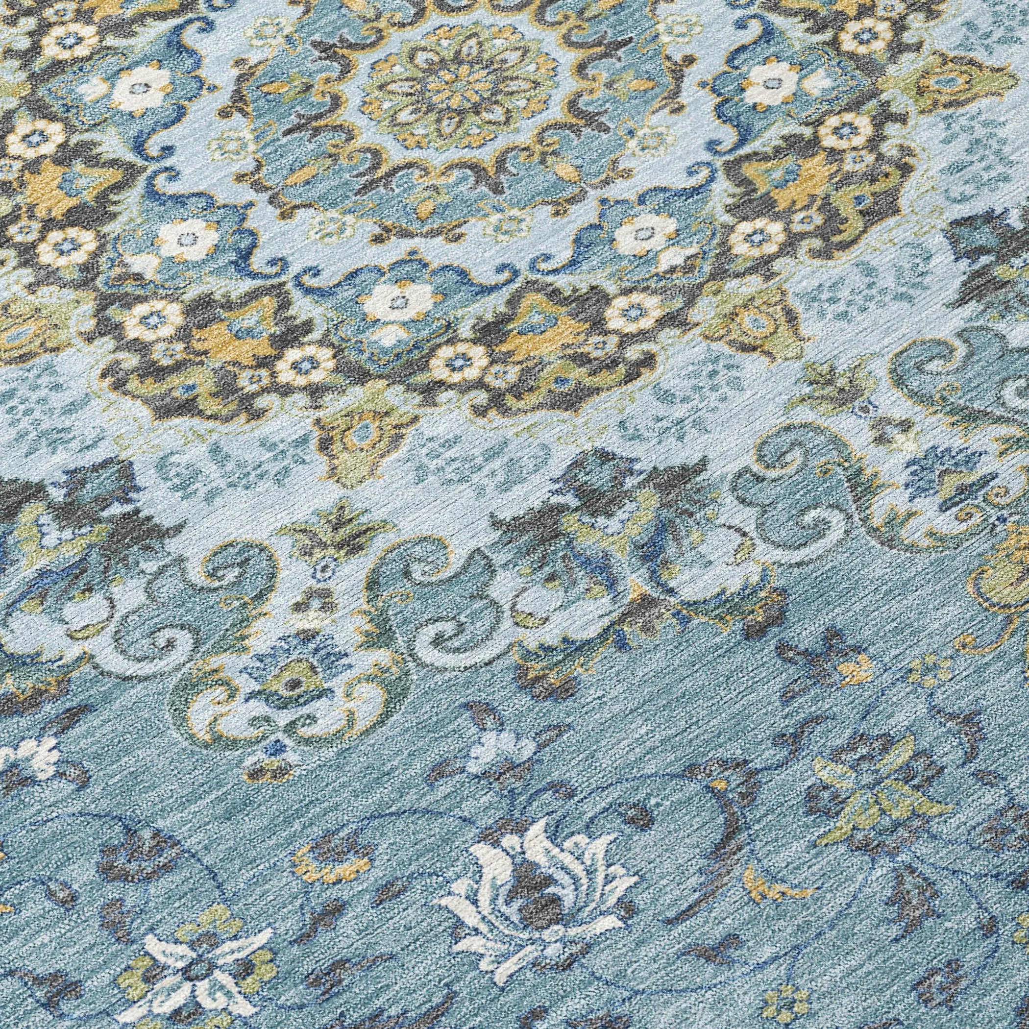 5' X 8' Teal Blue And Gold Floral Medallion Washable Indoor Outdoor Area Rug Homeroots Outdoor