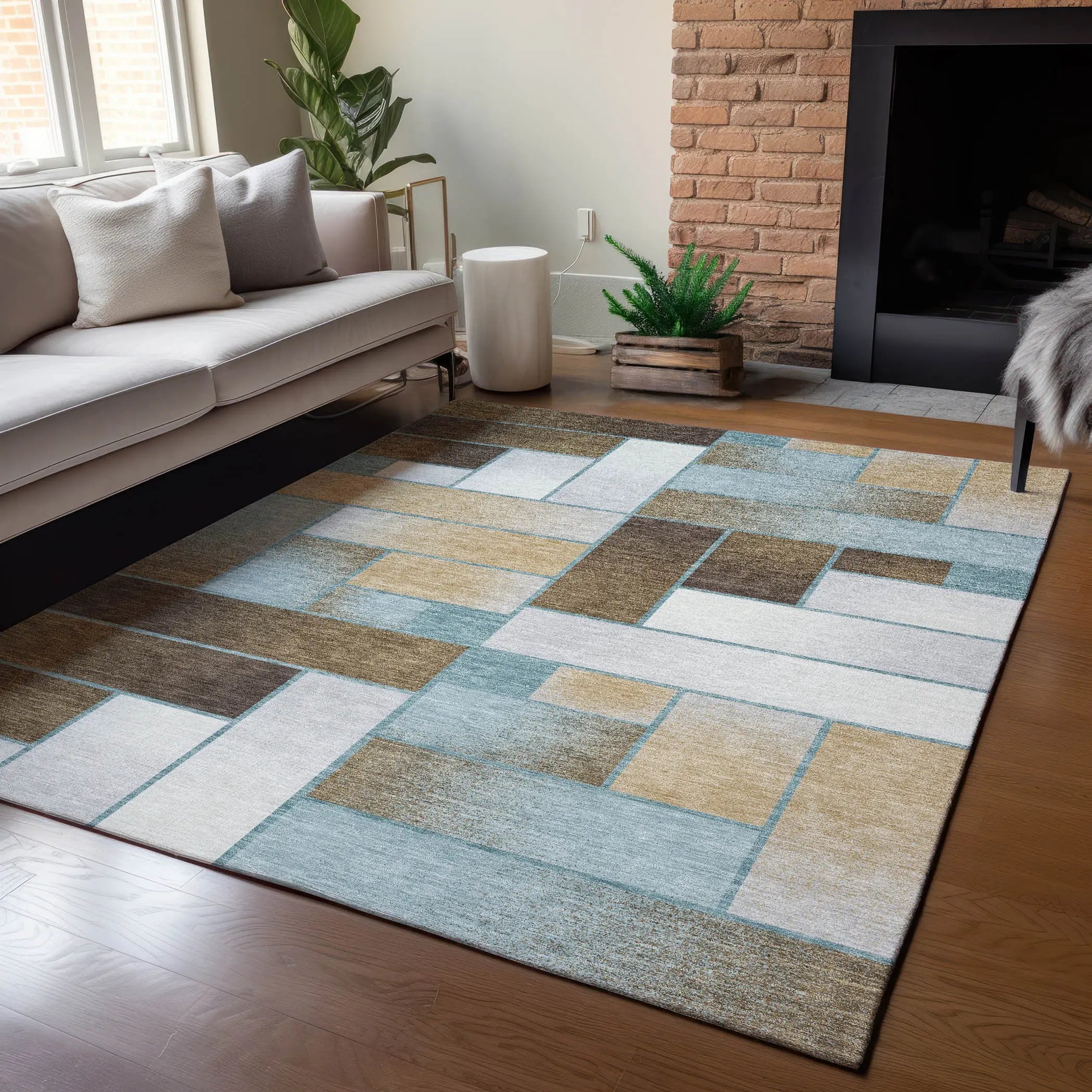 5' X 8' Teal Blue And Gold Geometric Washable Indoor Outdoor Area Rug Homeroots Outdoor